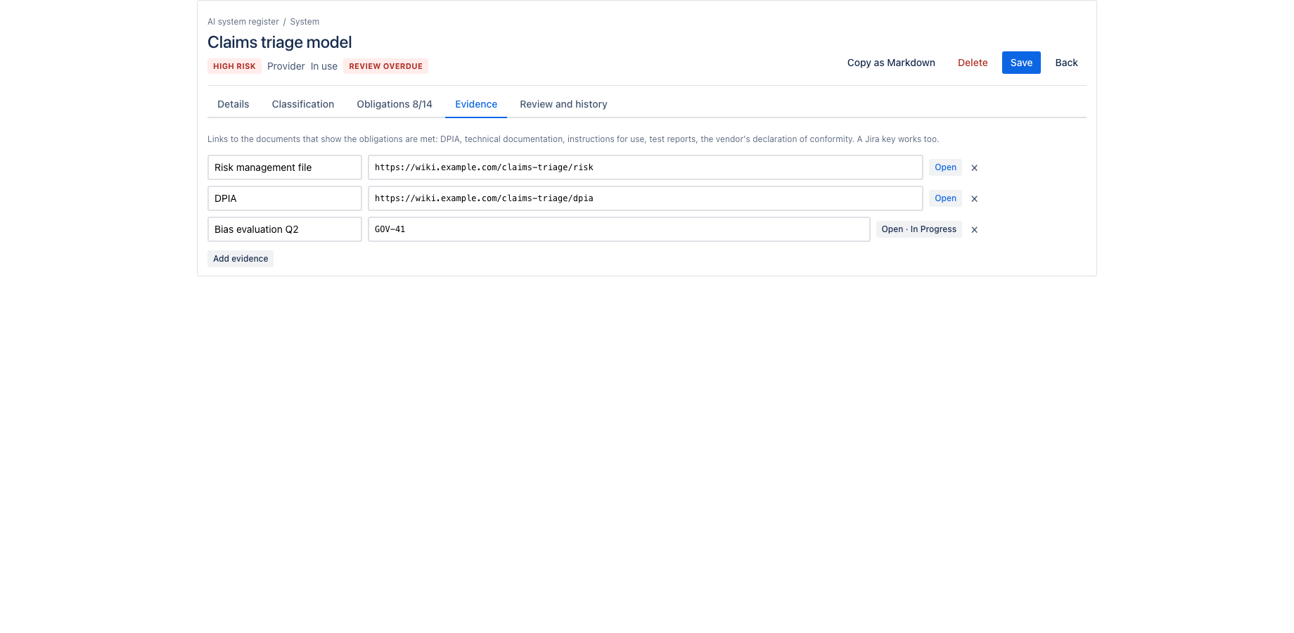 Evidence links and Jira keys