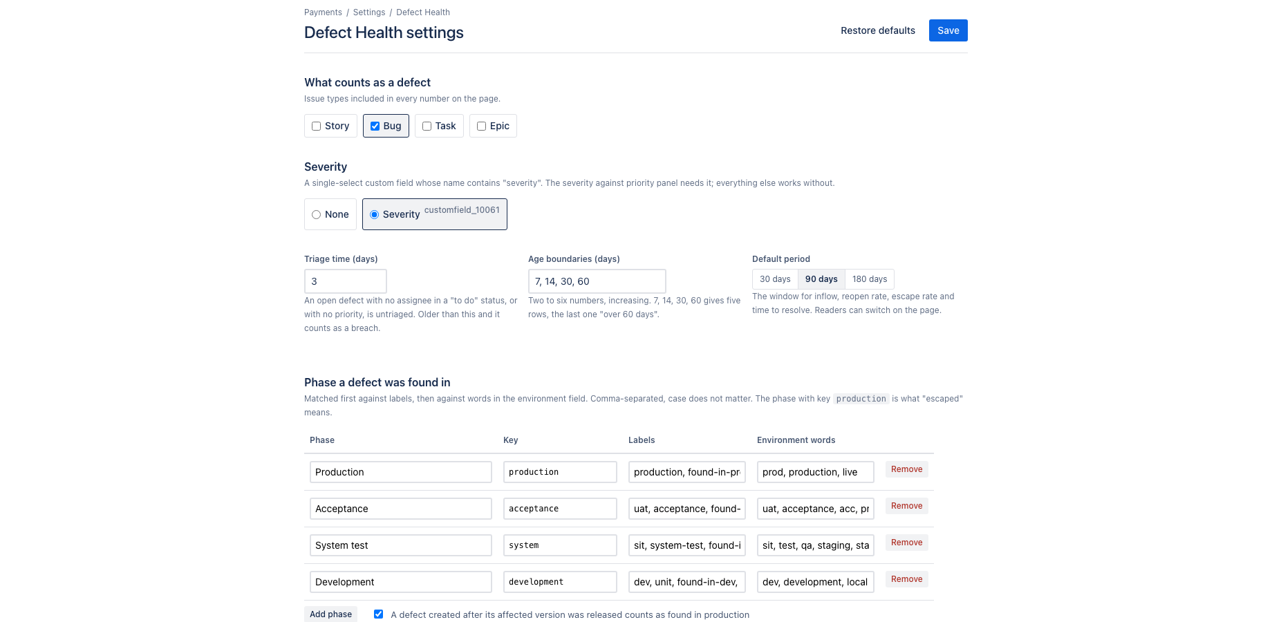 Project settings: defect types, severity field, triage time, buckets and phases