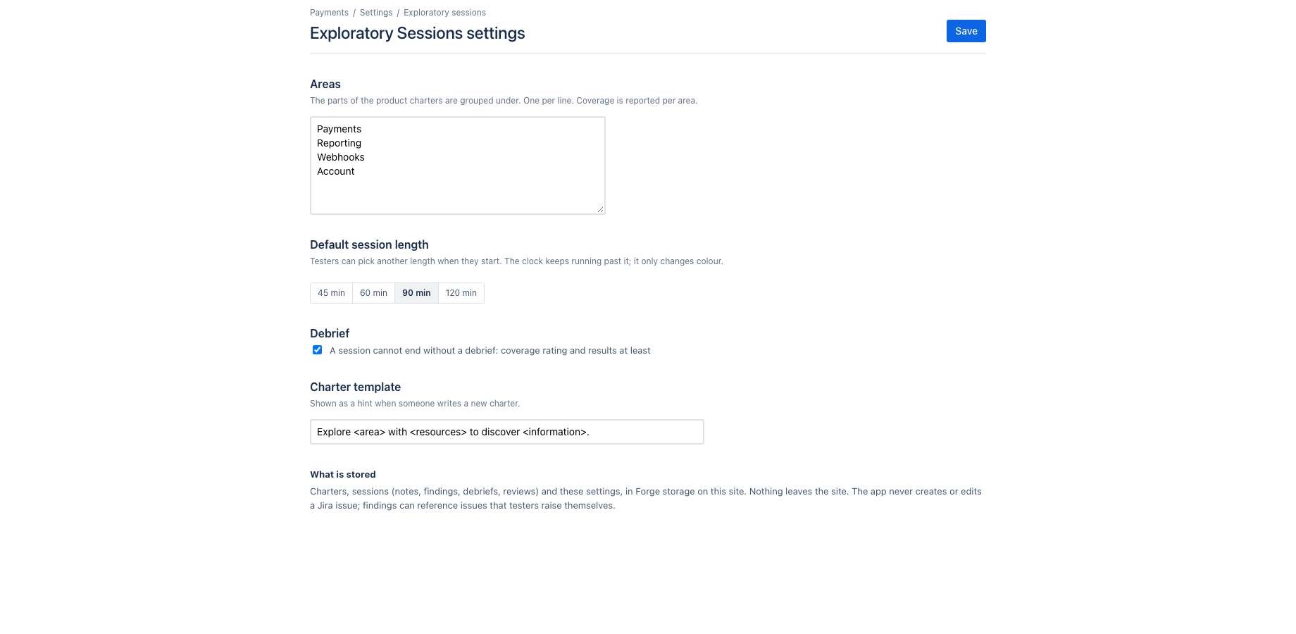 Settings: areas, session length and debrief rule