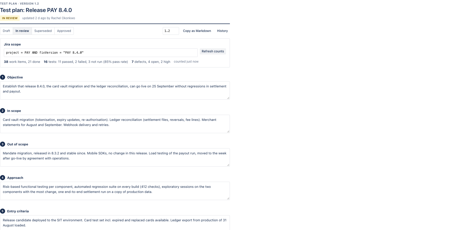 The Test plan macro on a Confluence page