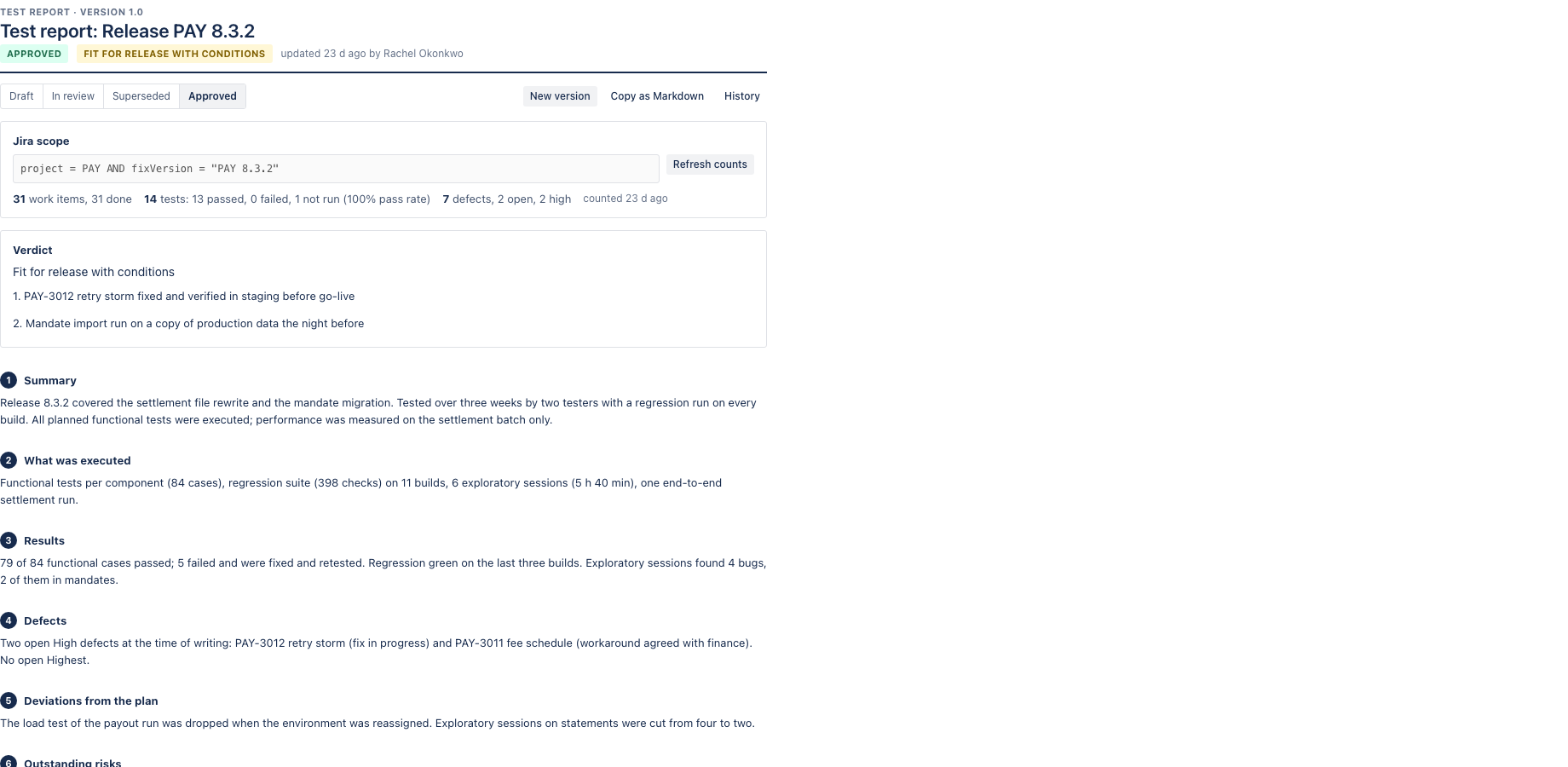 The Test report macro with verdict and sign-off