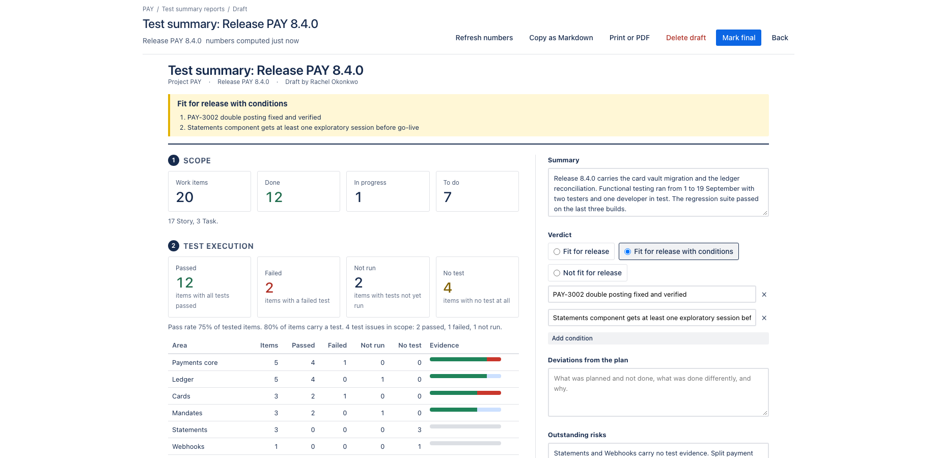 Draft: numbers from Jira on the left, narrative on the right